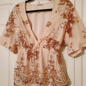 Southern Fried Chics Sequin Embellished Blouse in Rose Gold